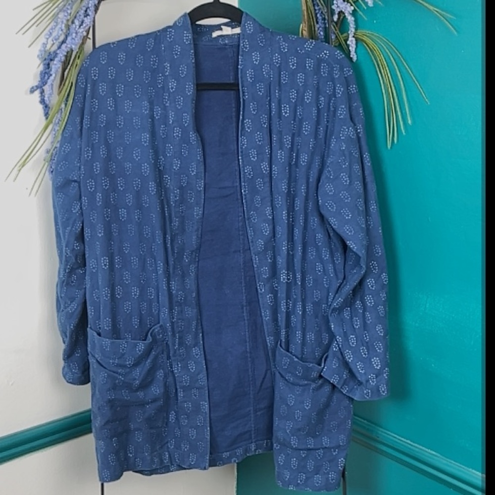 Eileen Fisher block print blue kimono style 100 percent organic cotton jacket?